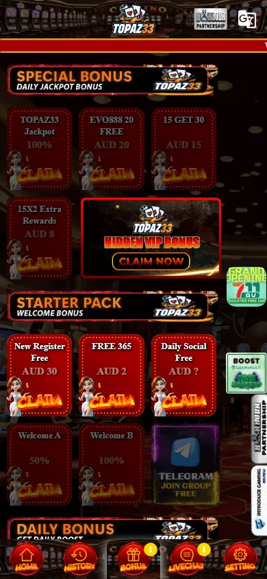 Topaz33 Casino mobile promotions with the $30 no deposit bonus and Lucky Draw