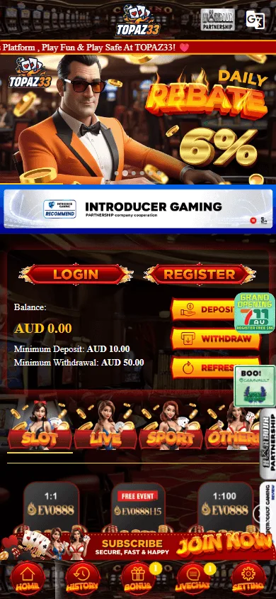 Topaz33 Casino mobile home with casino games and AUD account features
