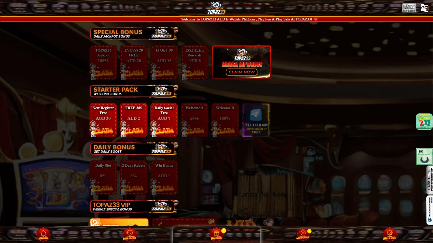 Topaz33 Casino desktop promotions including the no deposit bonus and Lucky Draw