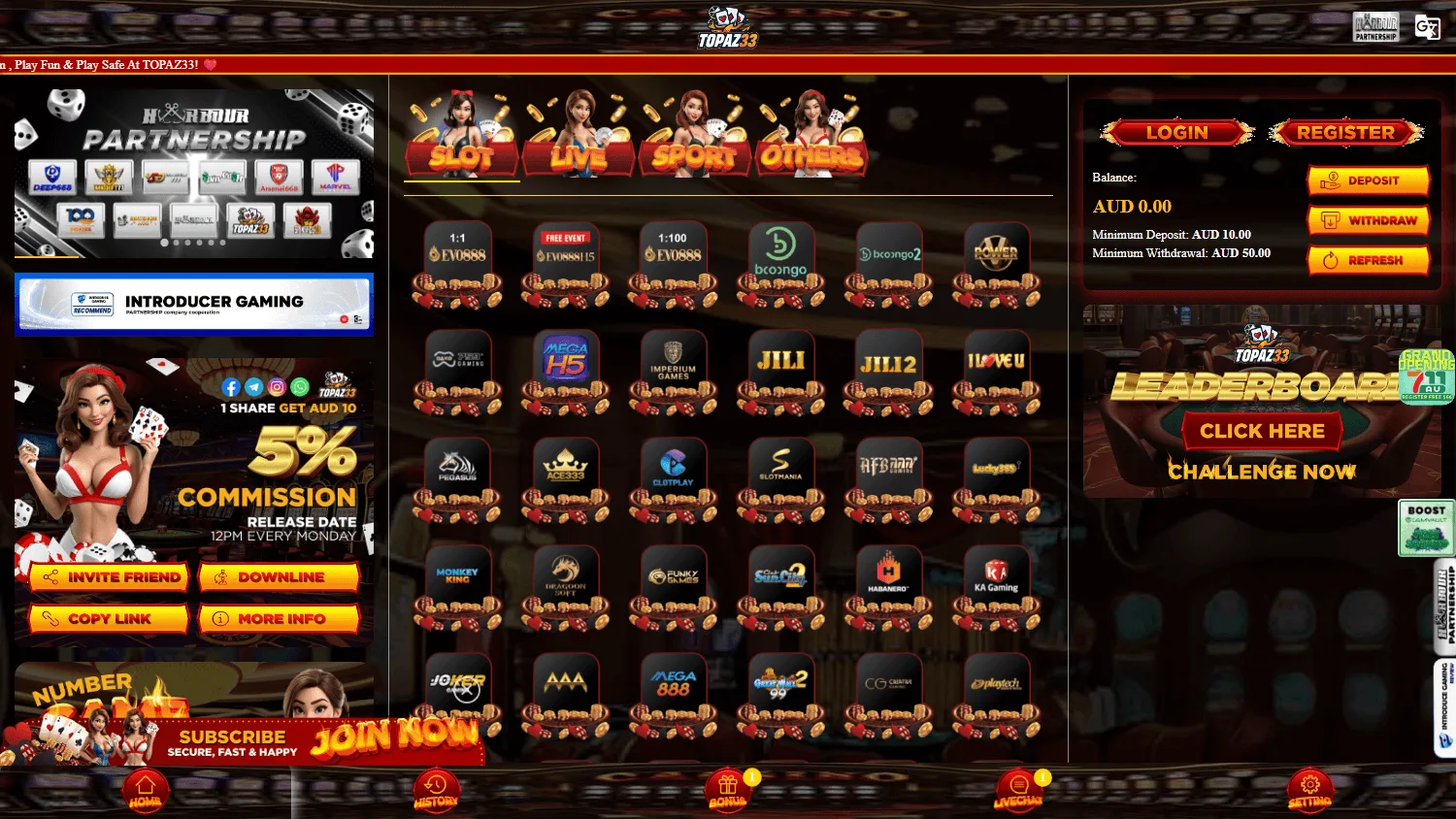 Topaz33 Casino desktop home with AUD casino offer for Australian players